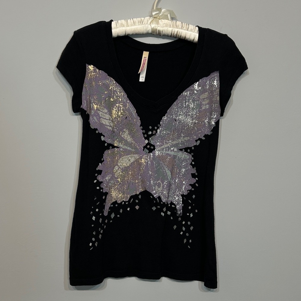 Fresh Brewed Butterfly Graphic Tee Female L Black V-Neck Y2K Fairycore Shimmer